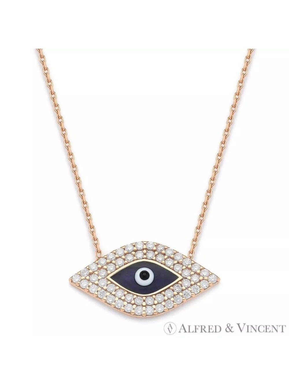 Evil Eye Bead Charm Necklace w/ CZ Crystals in .925 Sterling Silver w/18k RGold